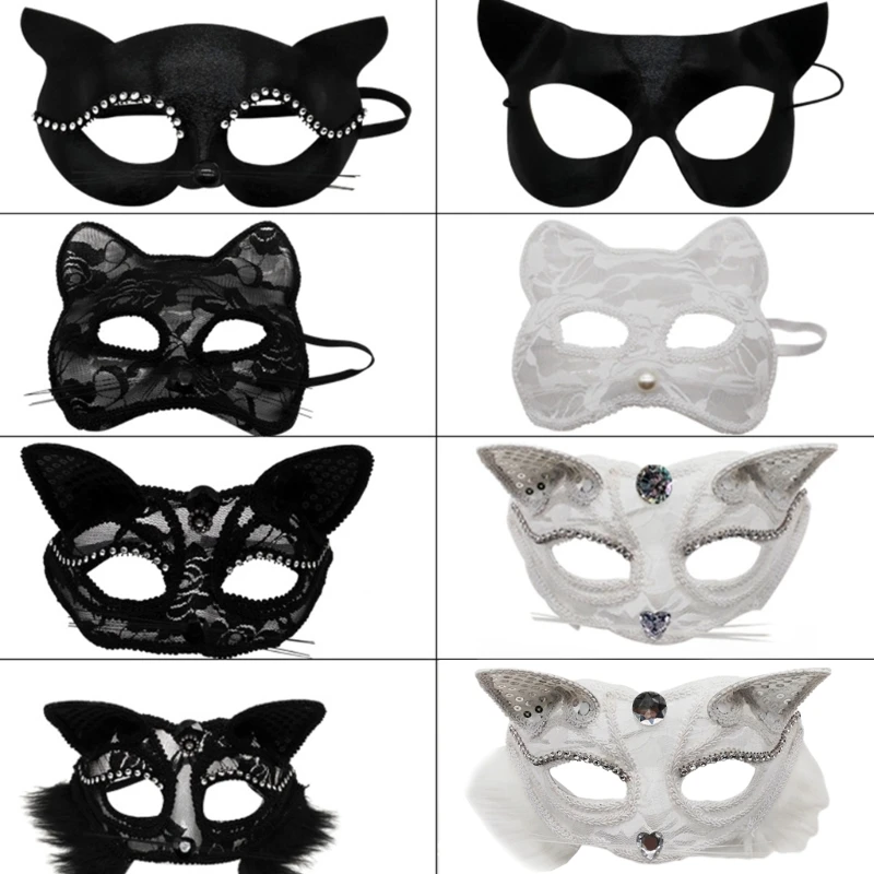 Маска лисы Маскарадная маска для вечеринки на Хэллоуин Полумаска Кружевная маска кошки Изображение 3