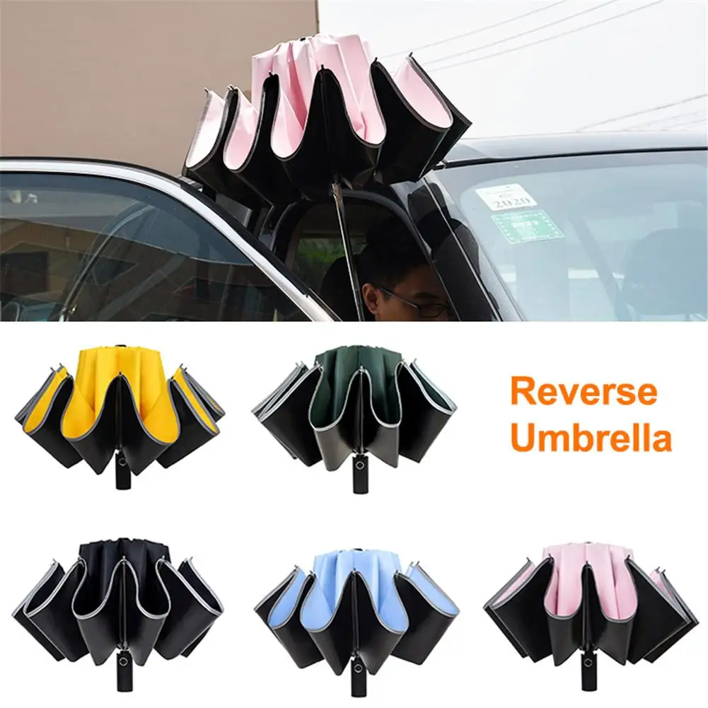 Перевернутый зонт, ветрозащитный, защищающий от ультрафиолета, автоматический складной зонт, ночная светоотражающая полоса, 10 ребер, Автоматическое открытие / закрытие обратного зонта Изображение 0