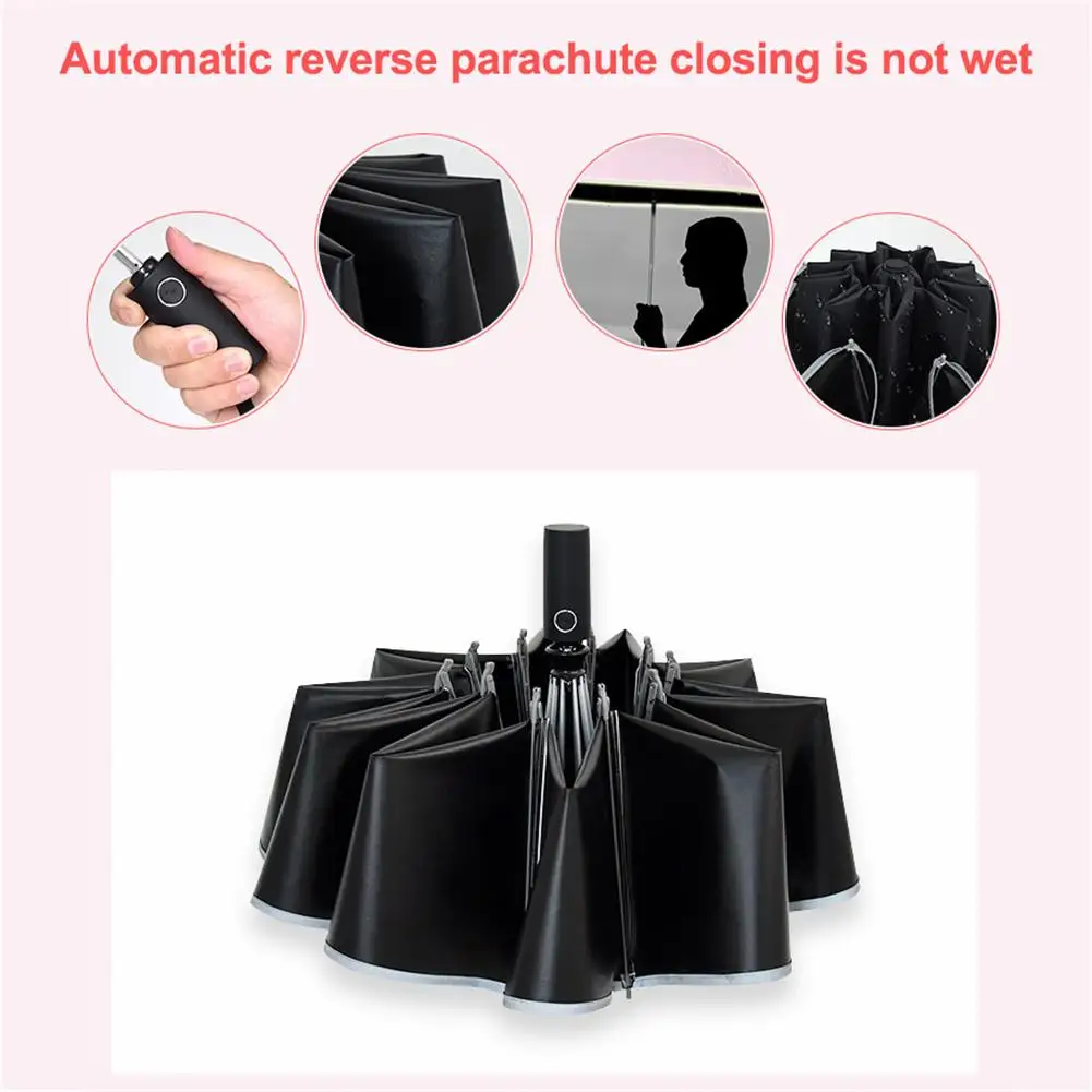 Перевернутый зонт, ветрозащитный, защищающий от ультрафиолета, автоматический складной зонт, ночная светоотражающая полоса, 10 ребер, Автоматическое открытие / закрытие обратного зонта Изображение 3