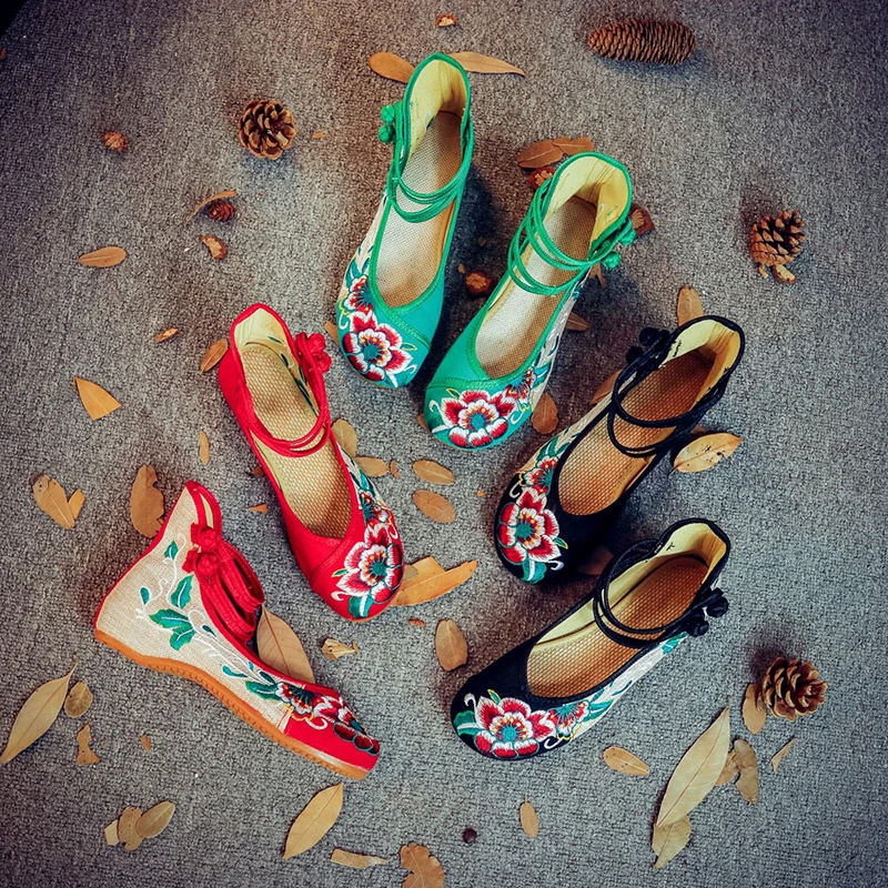 Женская обувь из ткани с вышивкой в национальном стиле, Весенне-осенняя обувь, Свадебные туфли из льна с круглым носком Изображение 4
