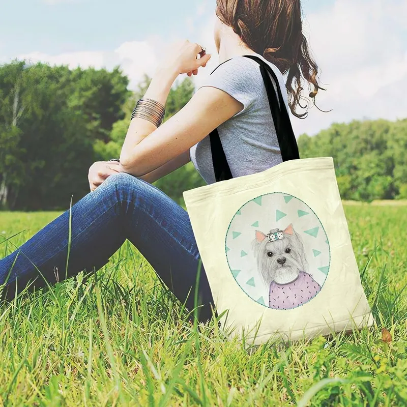 Женская сумка через плечо в скандинавском стиле с рисунком собаки; женская сумка-тоут; повседневная сумка-тоут; складная сумка для покупок; уличные пляжные сумки Изображение 5