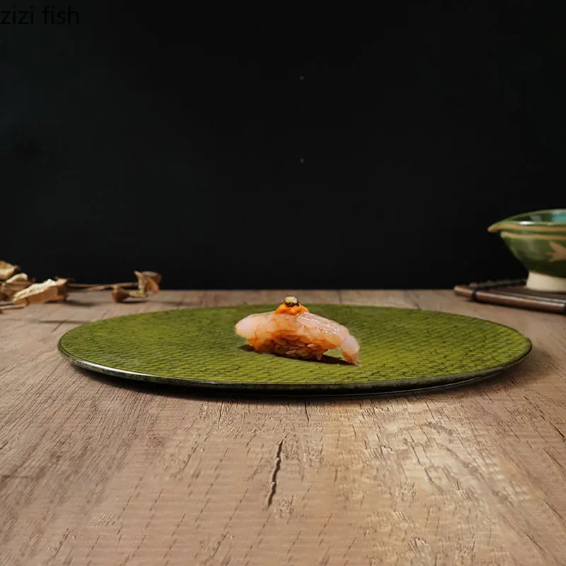 Зеленая керамическая обеденная тарелка, тарелка для суши, тарелки для стейков в западном стиле, диск для сашими, Десертные тарелки, блюдо для дим-самов, Ваза для фруктов, Салатница, поднос Изображение 1