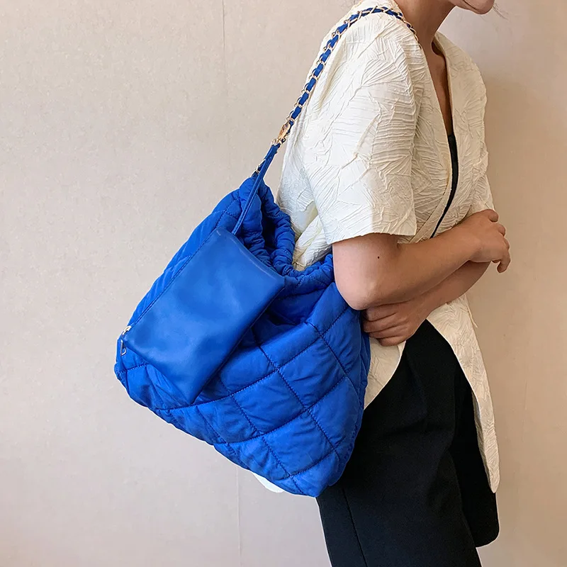 Брендовая дизайнерская стеганая женская сумка через плечо в нейлоновую клетку, повседневная сумка через плечо на цепочке, большая квадратная сумка и кошелек Изображение 3