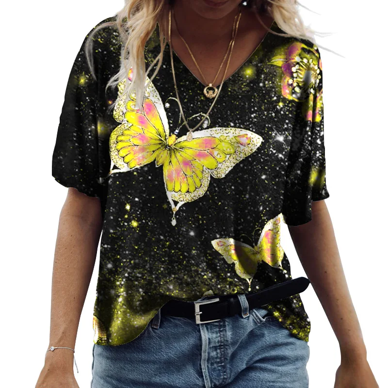 Женская винтажная футболка оверсайз с V-образным вырезом, повседневные летние свободные футболки, кавайный женский модный топ с V-образным вырезом и принтом кота с коротким рукавом Изображение 0