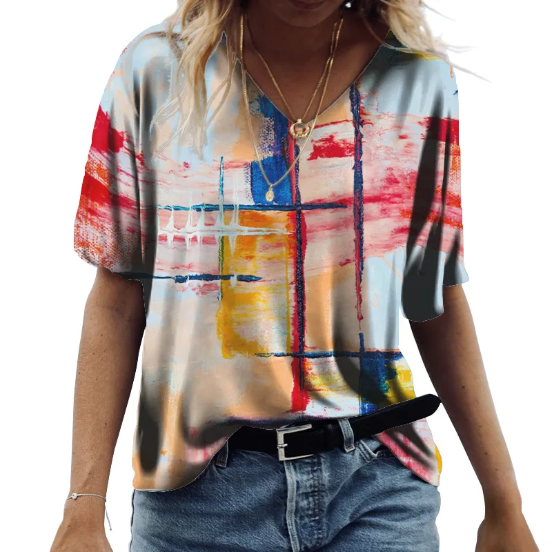 Женская винтажная футболка оверсайз с V-образным вырезом, повседневные летние свободные футболки, кавайный женский модный топ с V-образным вырезом и принтом кота с коротким рукавом Изображение 2
