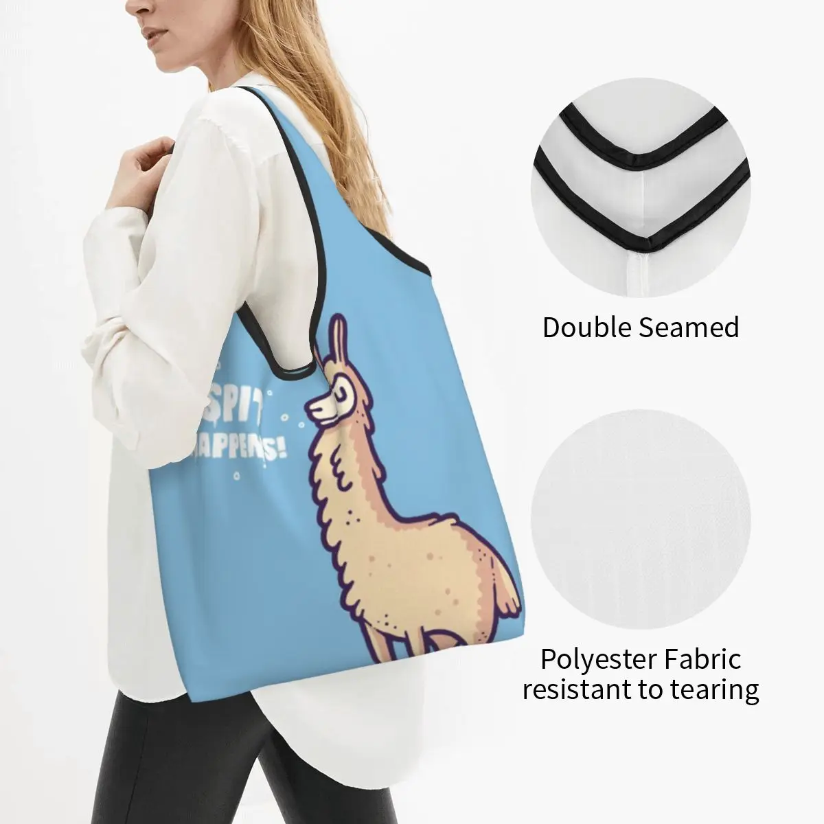Женская Повседневная сумка для покупок Spit Happens Llama, сумка-тоут большой емкости, портативная сумка для хранения, складные сумки Изображение 1