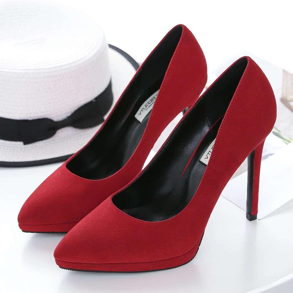 Элегантные женские свадебные туфли для вечеринок, пикантные офисные туфли-лодочки из натуральной замши с острым носком, женские туфли на тонком высоком каблуке F0030 Изображение 1