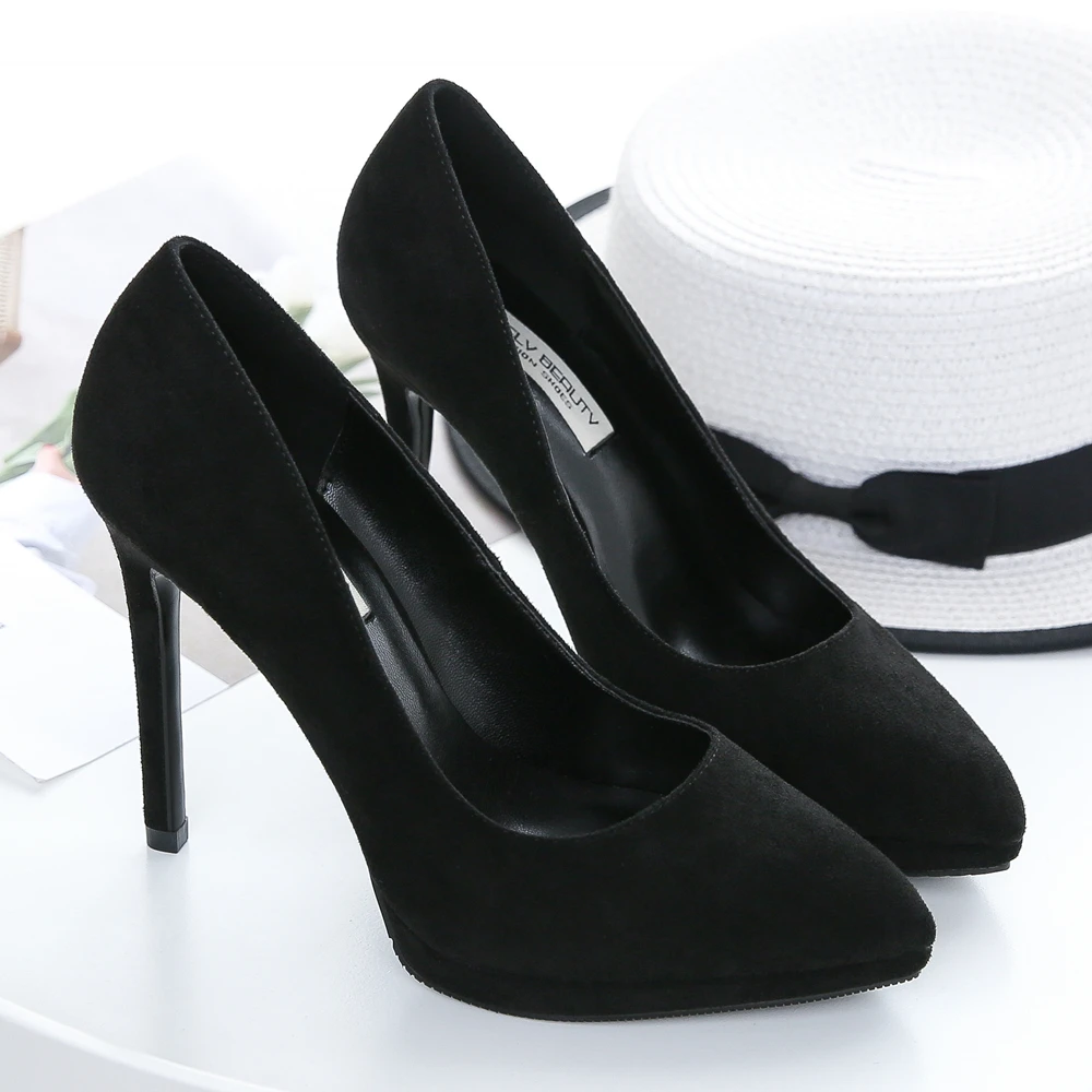 Элегантные женские свадебные туфли для вечеринок, пикантные офисные туфли-лодочки из натуральной замши с острым носком, женские туфли на тонком высоком каблуке F0030 Изображение 3