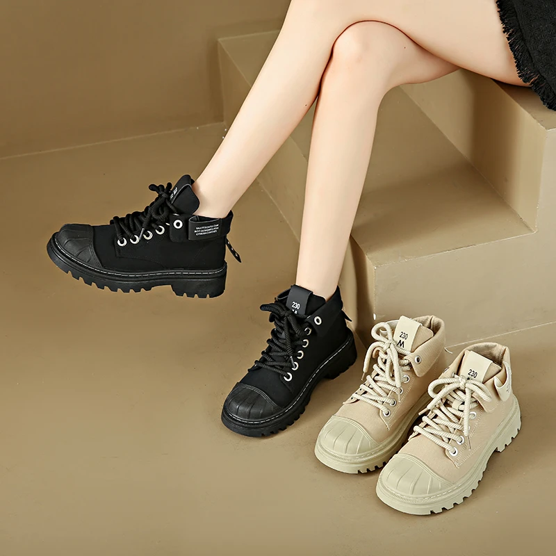 Женские армейские байкерские ботинки на низком каблуке и массивной подошве со шнуровкой по щиколотку Изображение 5