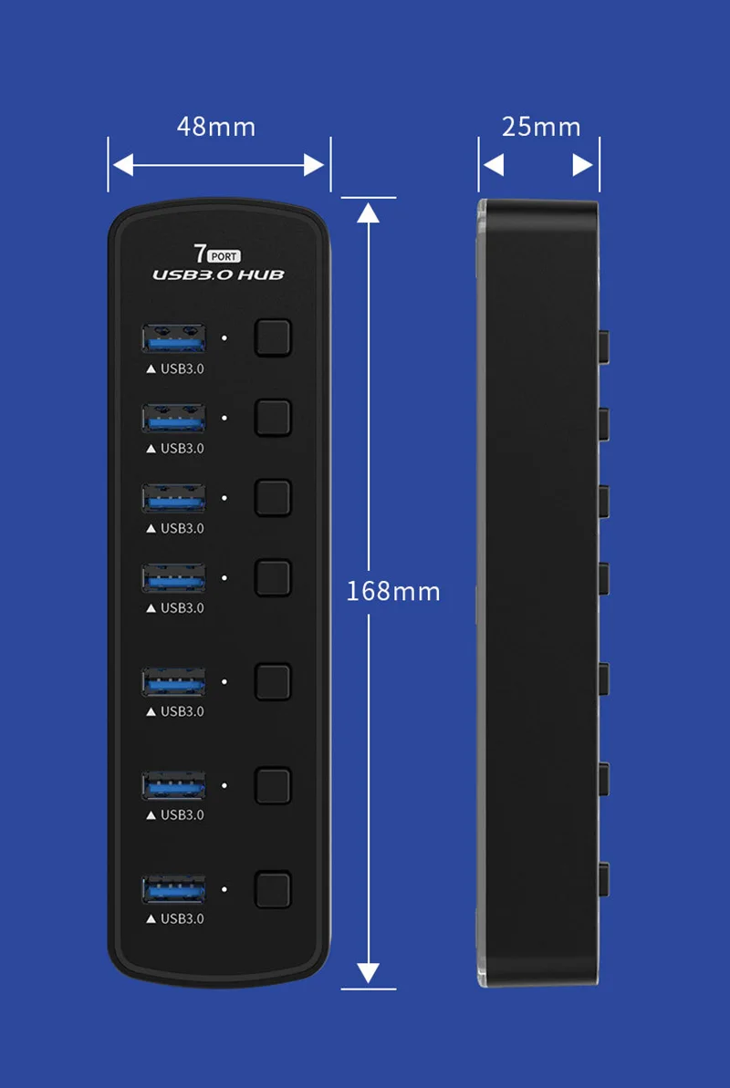 7-портовый USB-концентратор 3.0 с кабелем USB3.0, несколько портов с отдельными светодиодными переключателями включения / выключения, USB-разветвитель для ноутбуков и ПК Изображение 1