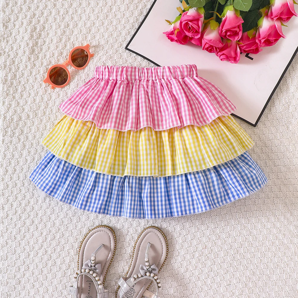 Летняя новая юбка-полукомбинезон для девочек в разноцветную клетку Изображение 0