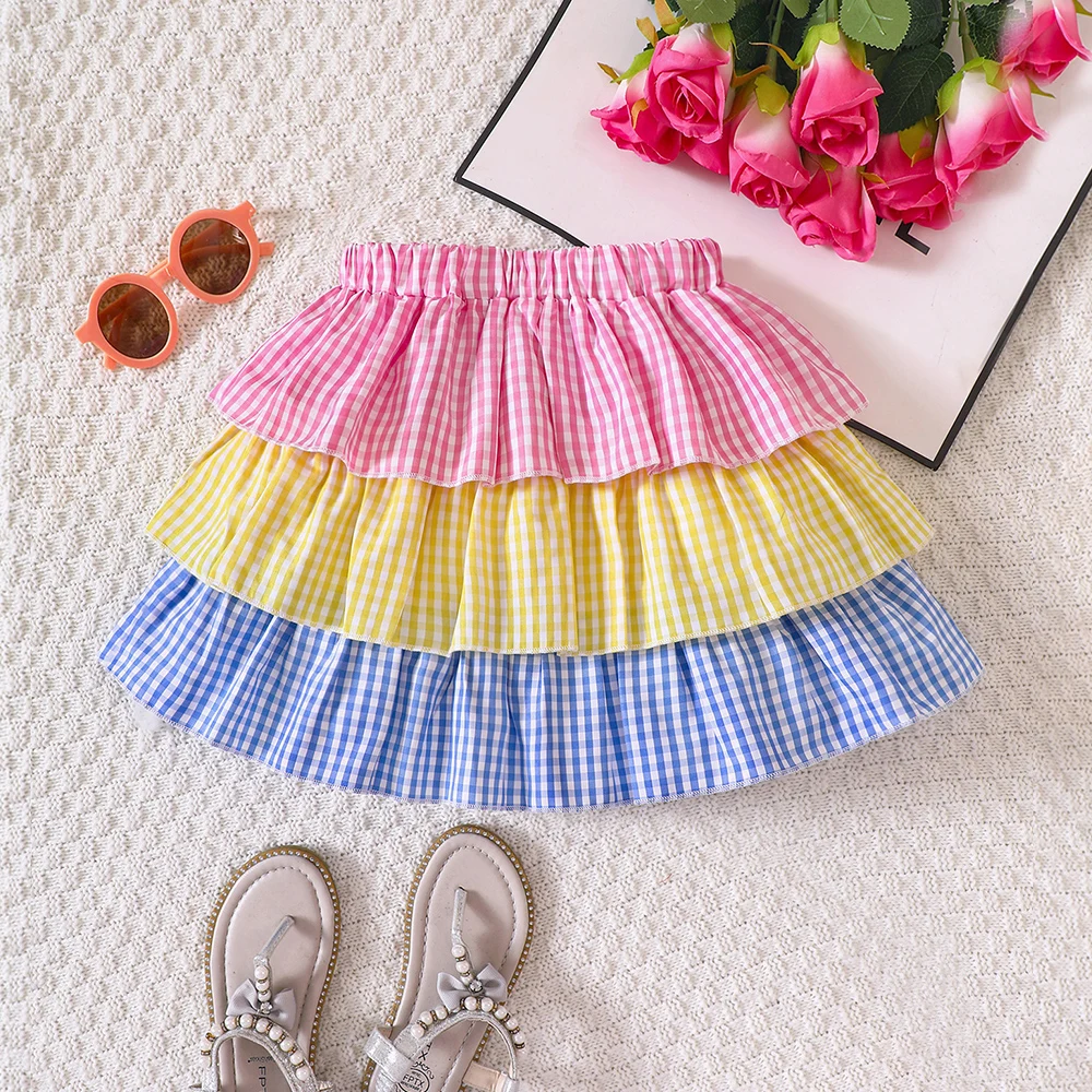 Летняя новая юбка-полукомбинезон для девочек в разноцветную клетку Изображение 1