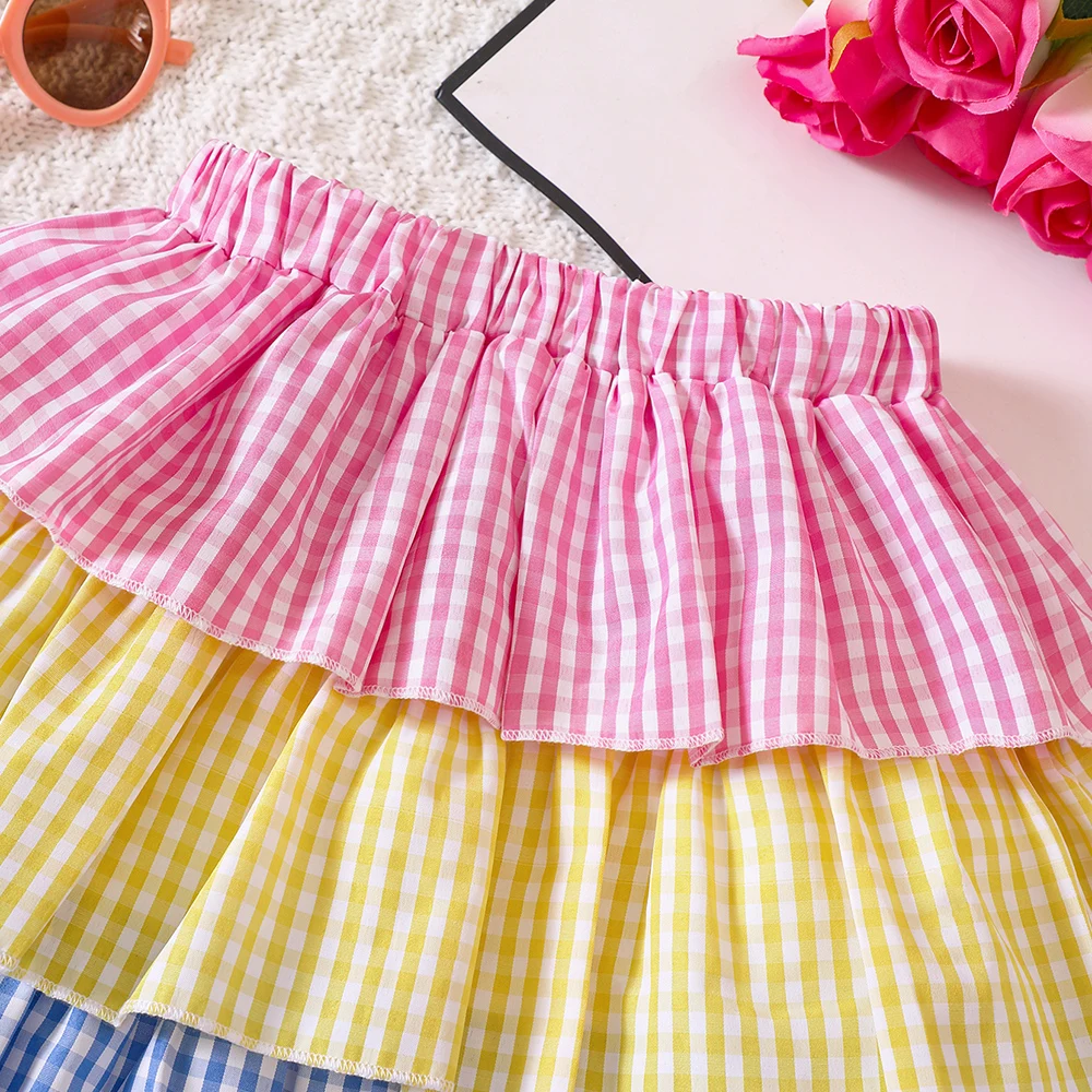 Летняя новая юбка-полукомбинезон для девочек в разноцветную клетку Изображение 2