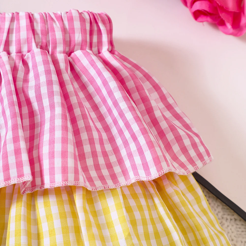 Летняя новая юбка-полукомбинезон для девочек в разноцветную клетку Изображение 3