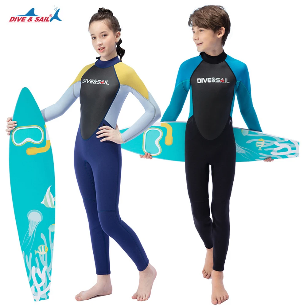 Детский гидрокостюм из неопрена толщиной 2,5 мм, цельный, с длинными рукавами, защищающий от солнца и теплый молодежный купальник для подводного плавания и серфинга Изображение 0
