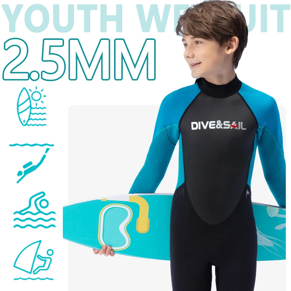 Детский гидрокостюм из неопрена толщиной 2,5 мм, цельный, с длинными рукавами, защищающий от солнца и теплый молодежный купальник для подводного плавания и серфинга Изображение 1