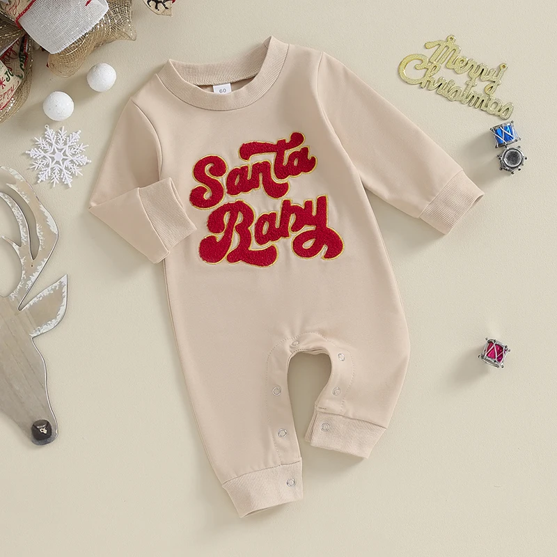 Рождественский наряд для новорожденных девочек и мальчиков, Веселый мини-комбинезон с вышивкой Санта-Клауса, Осенняя одежда Изображение 0