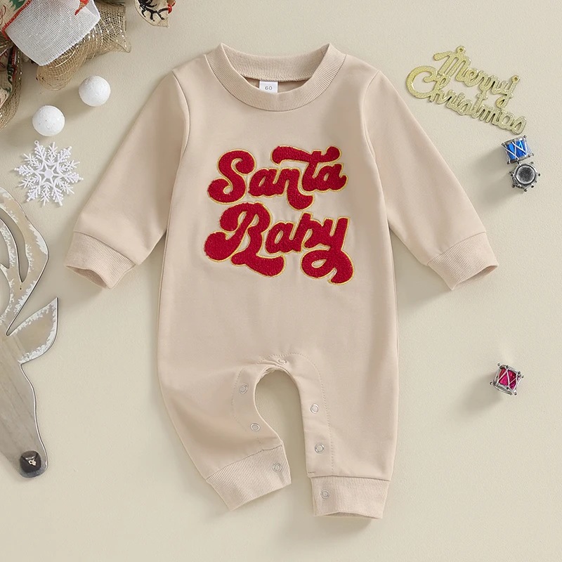 Рождественский наряд для новорожденных девочек и мальчиков, Веселый мини-комбинезон с вышивкой Санта-Клауса, Осенняя одежда Изображение 5