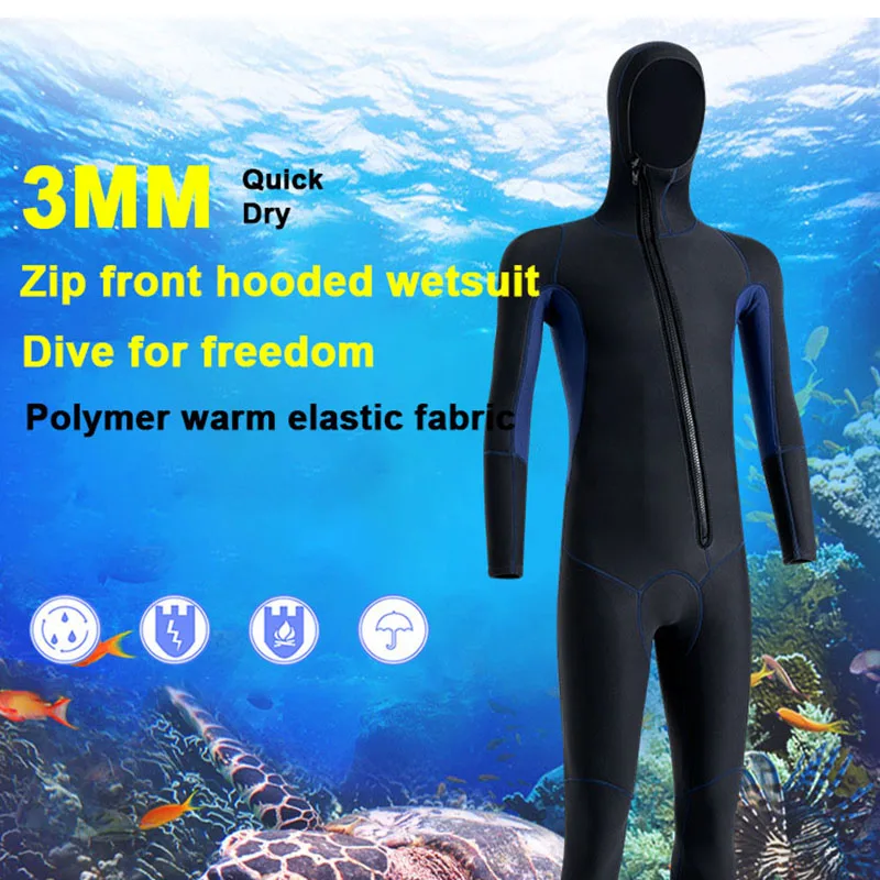 Водолазный костюм Сохраняет ТЕПЛО, неопреновый водолазный костюм с капюшоном и длинным рукавом длиной 3 мм, мужской теплый водонепроницаемый водолазный костюм, полный гидрокостюм на молнии Изображение 2