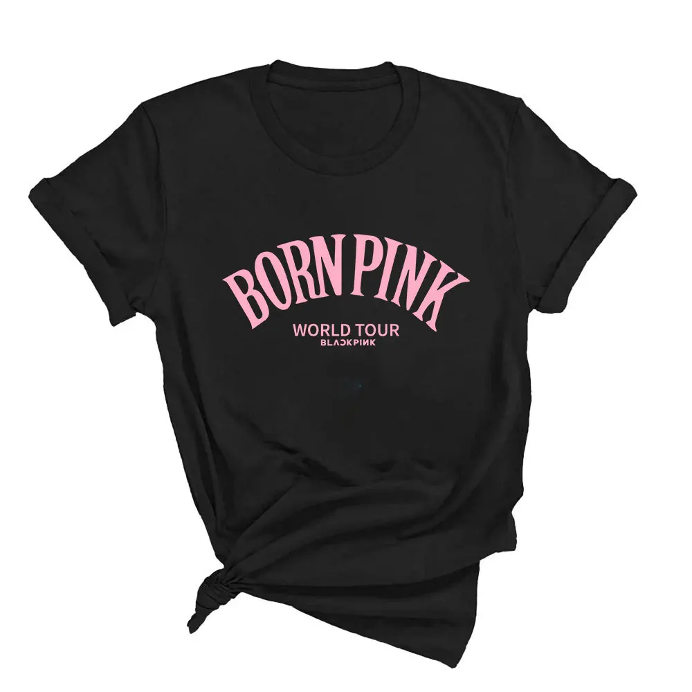 Женский летний черно-розовый хлопковый топ KPOP из хлопка с коротким рукавом и буквенным принтом Harajuku, универсальная футболка для пары Изображение 0