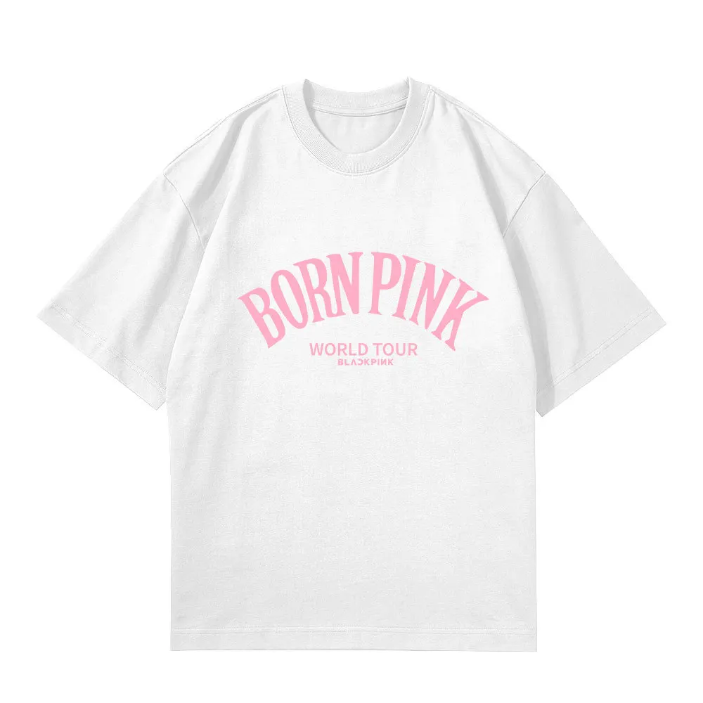Женский летний черно-розовый хлопковый топ KPOP из хлопка с коротким рукавом и буквенным принтом Harajuku, универсальная футболка для пары Изображение 1