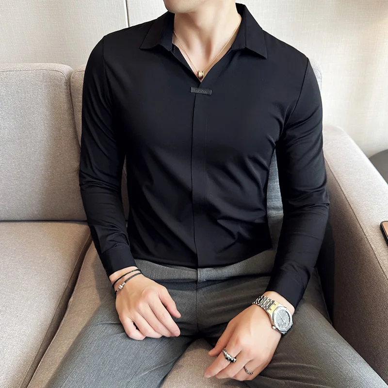 Плюс Размер 4XL-M, высокоэластичный приталенный смокинг, клетчатая рубашка, мужская одежда 2022, простые повседневные рубашки с длинным рукавом, деловая официальная одежда Изображение 2