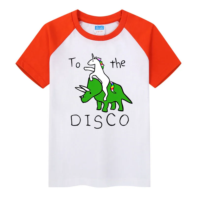 На дискотеку, верхом на единороге, с принтом трицератопса, летняя детская одежда, футболка с короткими рукавами для мальчиков, повседневный топ контрастного цвета Изображение 2