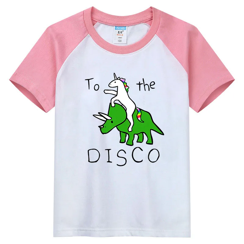 На дискотеку, верхом на единороге, с принтом трицератопса, летняя детская одежда, футболка с короткими рукавами для мальчиков, повседневный топ контрастного цвета Изображение 3