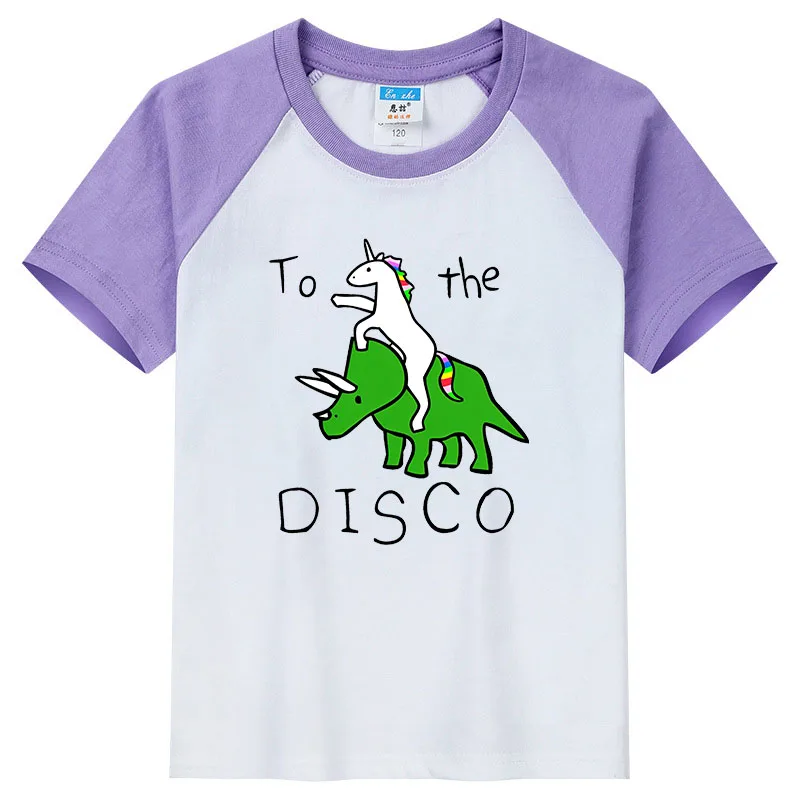На дискотеку, верхом на единороге, с принтом трицератопса, летняя детская одежда, футболка с короткими рукавами для мальчиков, повседневный топ контрастного цвета Изображение 4