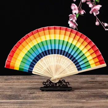 67JE Summer Rainbow Ручной складной веер для украшения свадебной вечеринки, фестивальных танцевальных принадлежностей