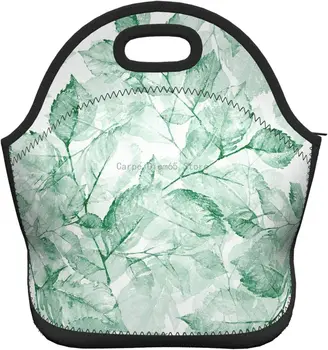 Сумка для ланча из неопрена с акварельными яркими чудесными листьями, изолированная замечательным принтом в виде акварельных эскизов, ретро-бело-зеленая сумка-тоут